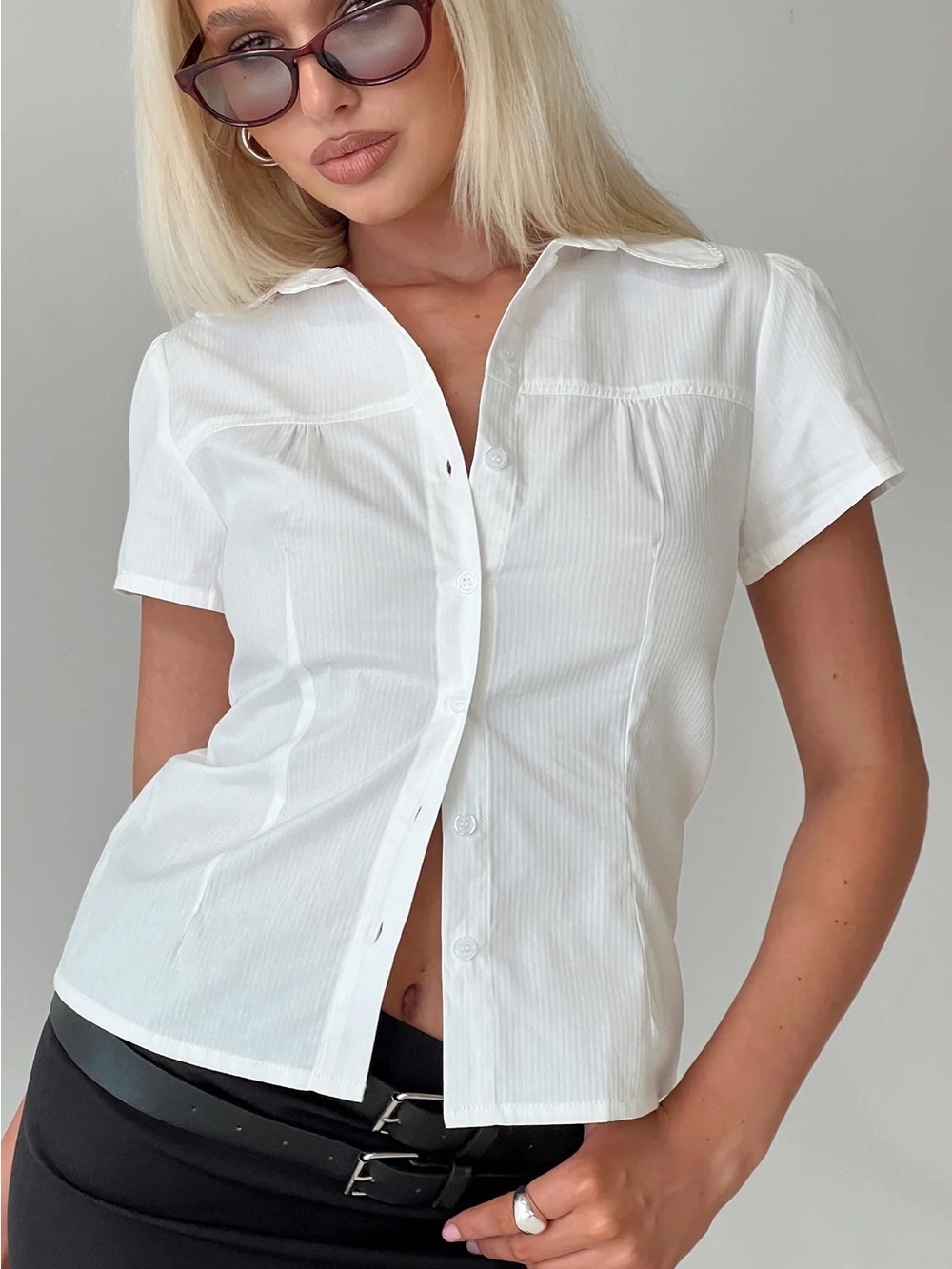 Princess Polly reverie 2 button down cap sleeve white